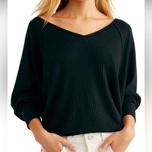 Free People Womens Medium Black Santa Clara Thermal Shirt Top V Neck
